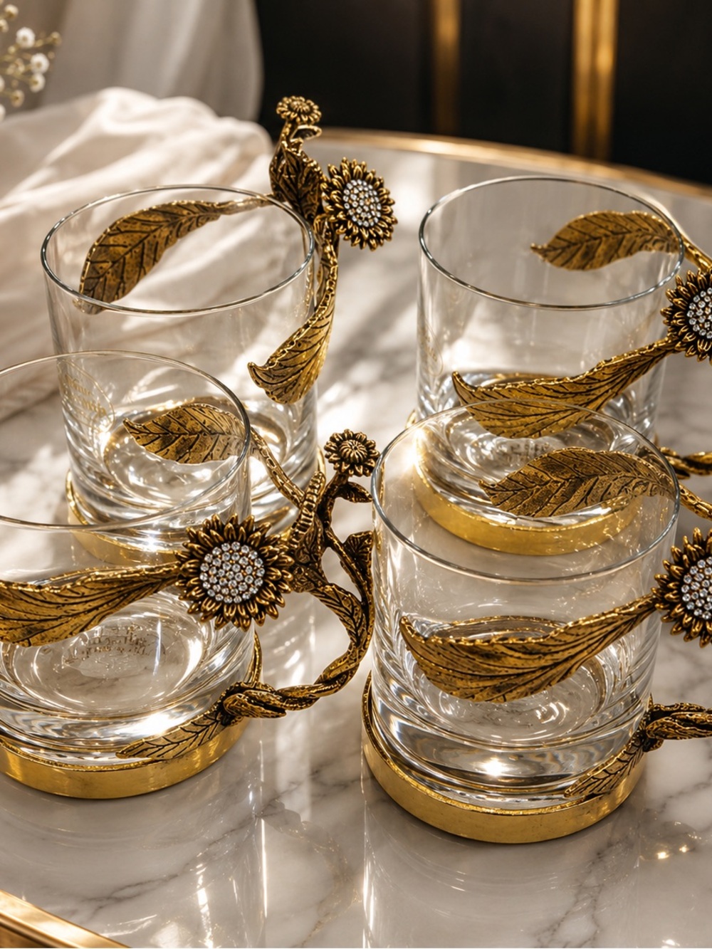 Luxury Gold-Accent Glass mugs Set - Ornate Sunflower Design